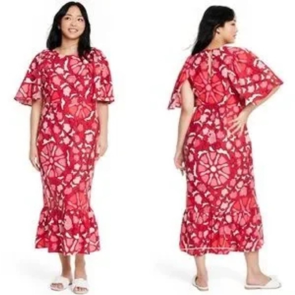 Rhode x Target Midi Red Floral Linen Blend Bell Sleeve Dress Size 16 Summer NEW